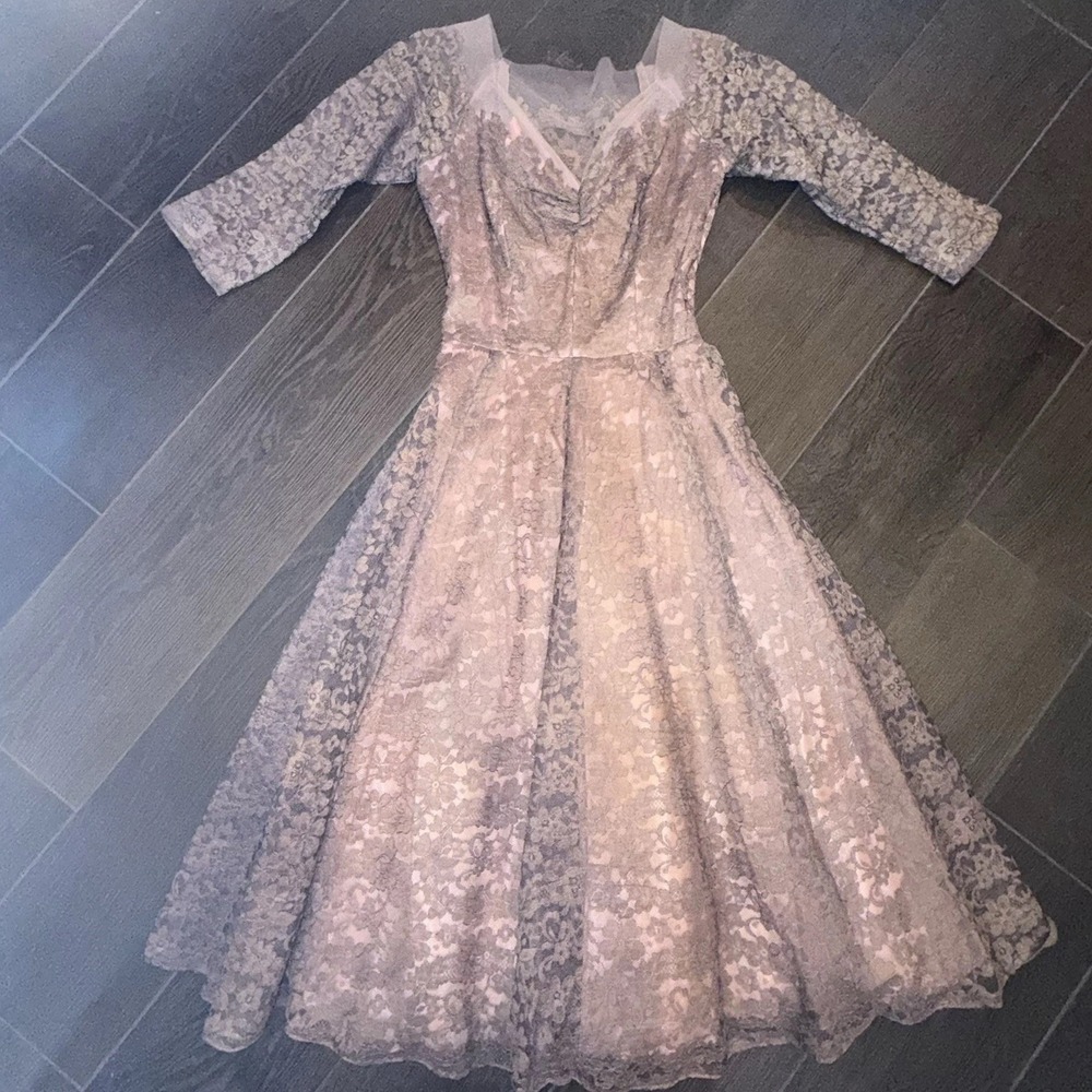 Vtg 1950s Emma Domb Pink Lace Party Dress Tea Fit & Flare Illusion Size XS *read - Picture 2 of 16
